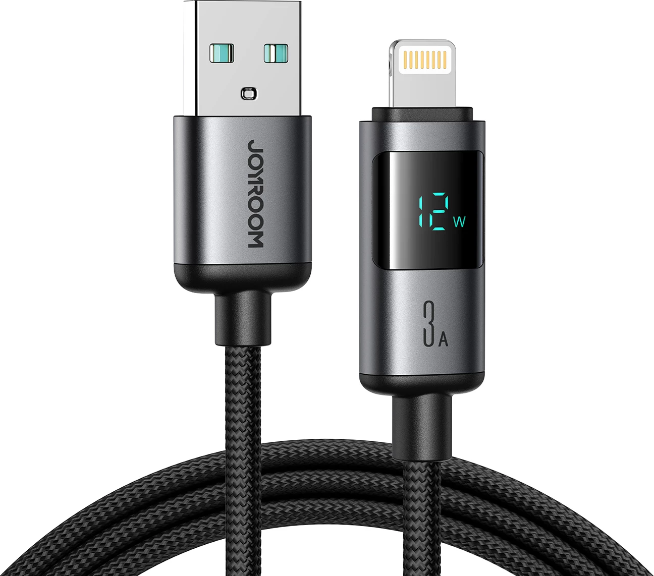 Kabel USB-A v Lightning z LED zaslonom, 1,2 m, 3A, črn Joyroom S-A16 Pro Prism Series