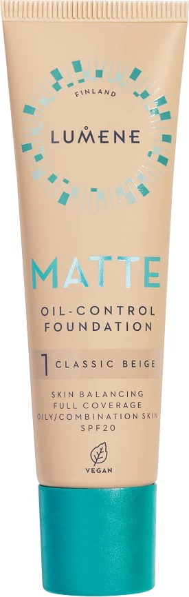 Matirajoča tekoča podlaga za ženske, nadzor sijaja, SPF 20 — Lumene Matte Oil-Control Foundation 1 Classic Beige, 30 ml