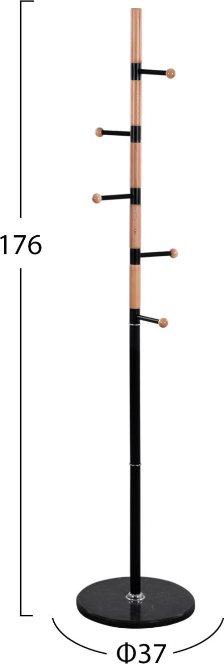 Stojalo za plašče MERCURY iz bukovega lesa in črnega kovinskega črnega marmorja Φ37x176Ηcm