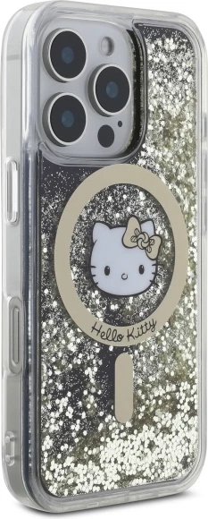 Ovitek za telefon z tekočimi zlatimi bleščicami MagSafe za iPhone 16 Pro, Hello Kitty, zlata