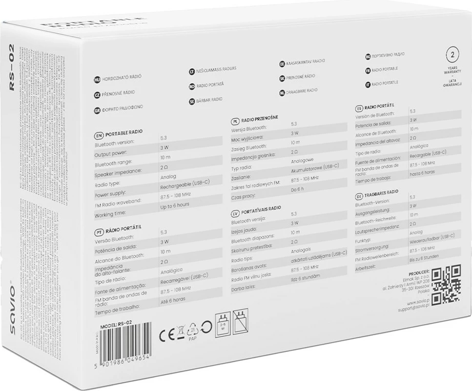 Prenosni radio SAVIO RS-02, Bluetooth 5.3, alarm, bel