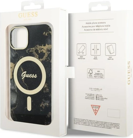 Ovitek za telefon Golden Marble za iPhone 14 6.1", MagSafe, črn - Guess
