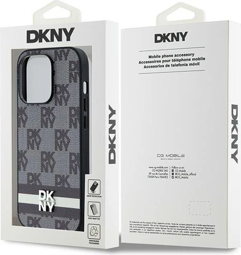 Ovitek za telefon z vzorcem šahovnice in potiskanim črtami, DKNY Leather, za iPhone 14 Pro, črn