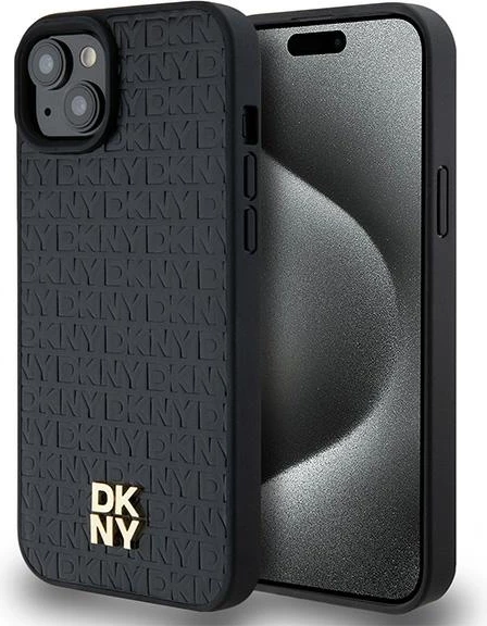 Zaščitni ovitek z monogram vzorcem DKNY, kovinski logotip, MagSafe za iPhone 15 Plus / 14 Plus, črn