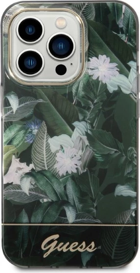 Trd ovitek z rastlinskim vzorcem, Guess Jungle Collection za iPhone 14 Pro 6,1", zelen