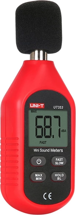 Merilnik ravni hrupa, UNI-T UT353, 30–130 dB, natančnost ±1,5 dB, osvetljen LCD, mikrofon 1/2", komplet z 3x AAA in zaščito proti vetru