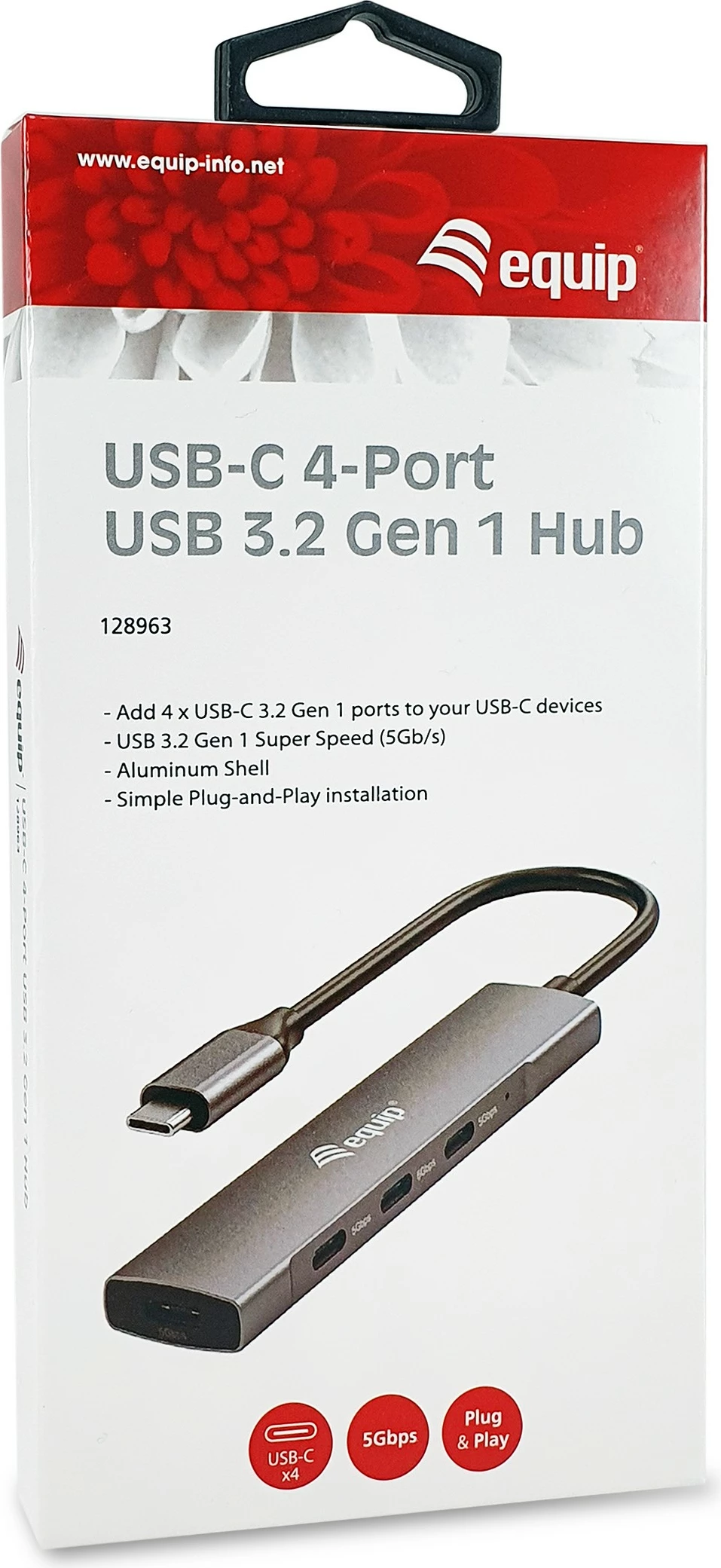 USB hub z 4 priključki USB 3.2 Gen 1 Type-C, aluminij, črno, srebrno, 0,15 m - Equip