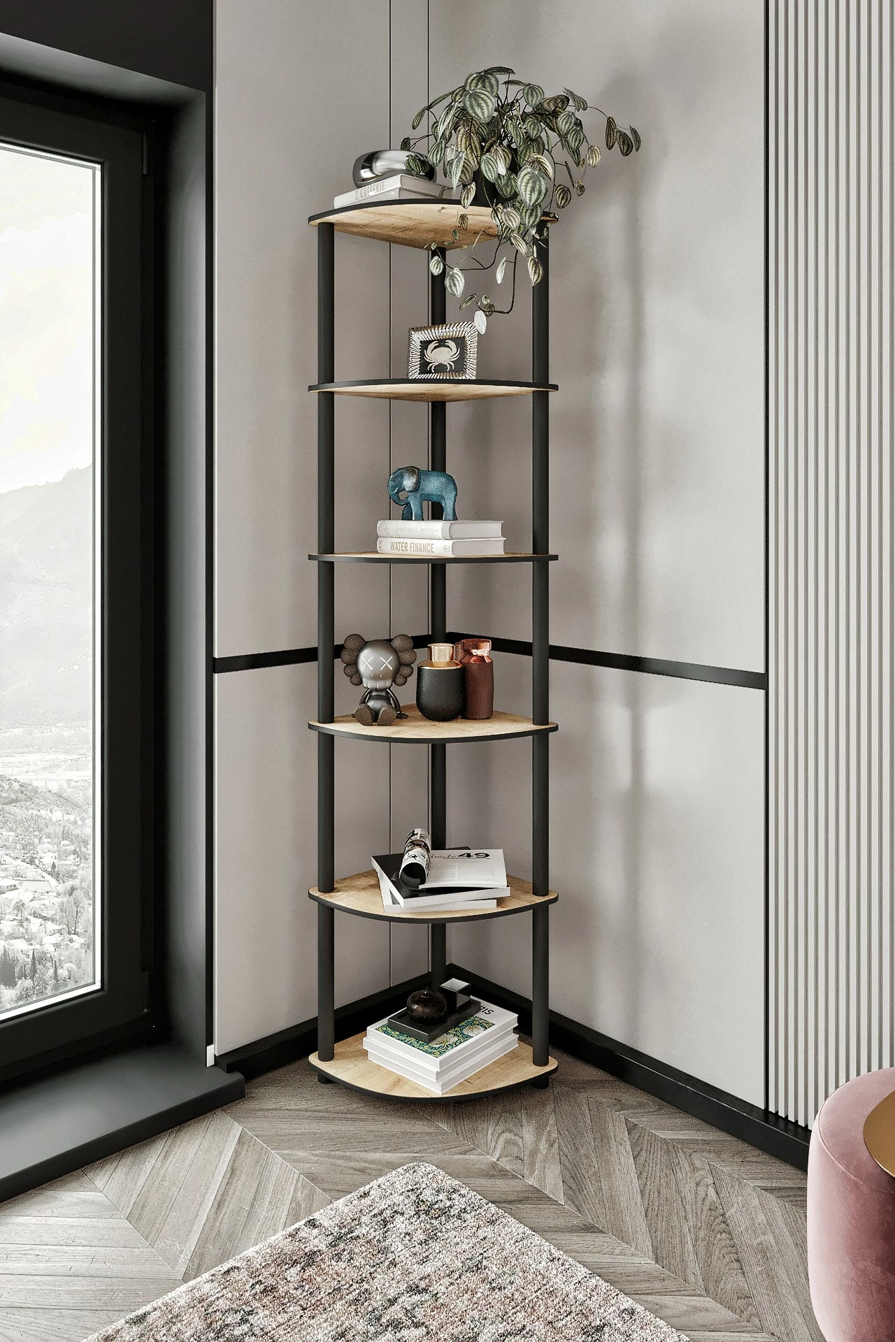 Kotna knjižna polica Skye Decor, 6 nivojev, hrast