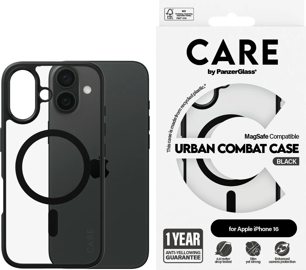 Prozoren ovitek PanzerGlass CARE Case Flagship Urban Combat MagSAFE za iPhone 16
