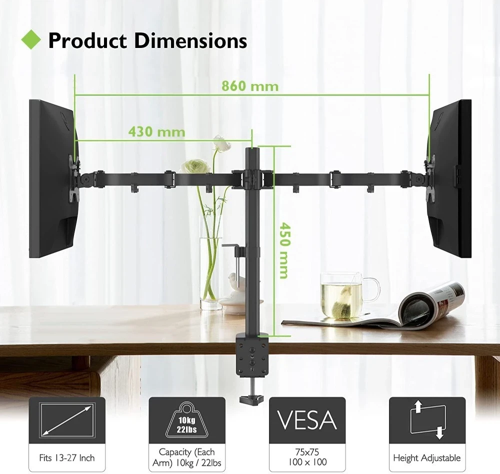 Držalo za monitor z dvema zaslonoma Techly ICA-LCD 382-D, do 27 in, črno