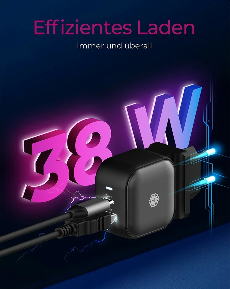 Stenski polnilec, ICY BOX IB-PS106-PD, 2 vrata, USB Power Delivery, 38W, črn