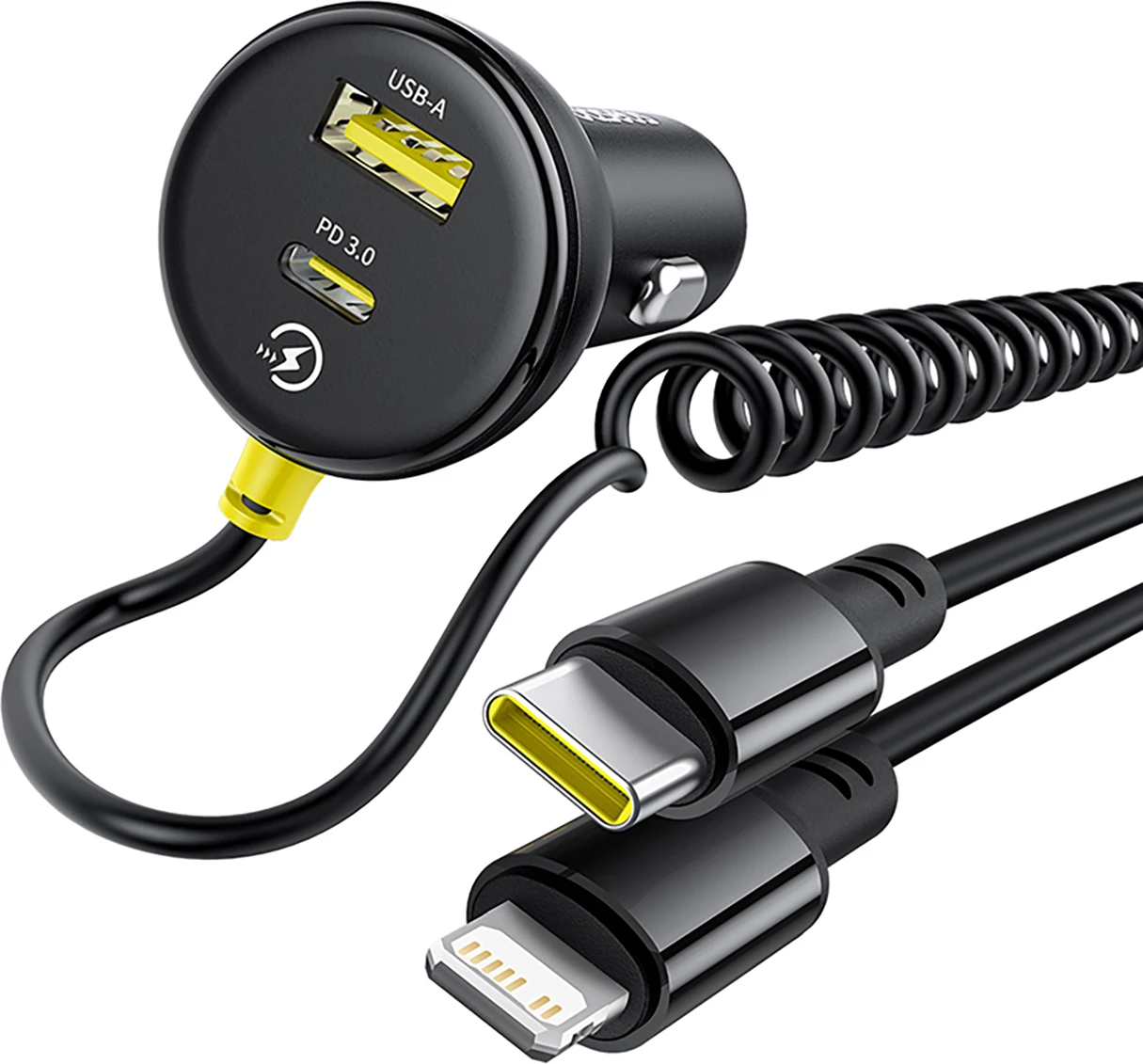 Hitri avto polnilec Baseus Circular, 60W, USB-A + USB-C, vgrajen kabel Lightning + USB-C 1,4 m, črn