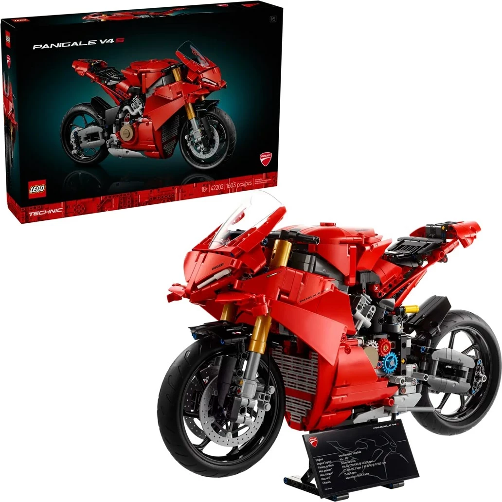 Detajni model motocikla LEGO Technic Ducati Panigale V4 S, Model 42202, rdeč