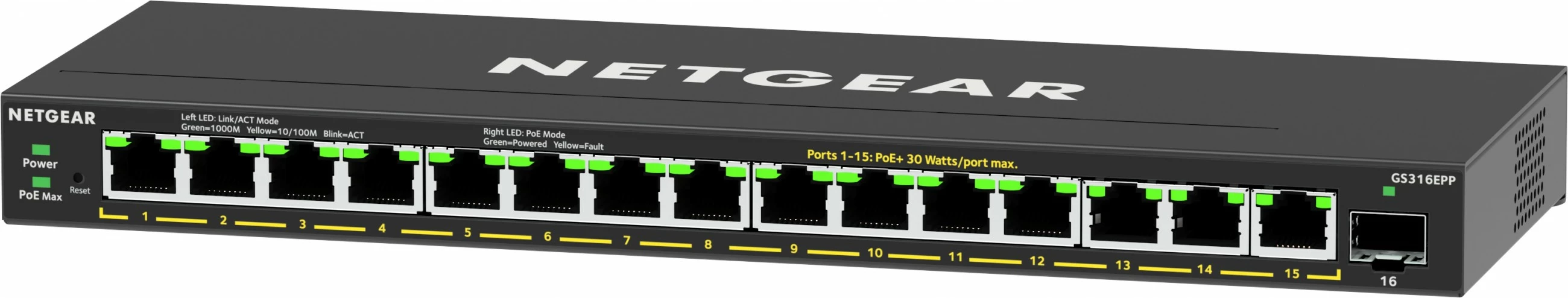 Strokovni upravljan preklopnik NETGEAR GS316EPP, 16 vrat, PoE+, Gigabit Ethernet, črn