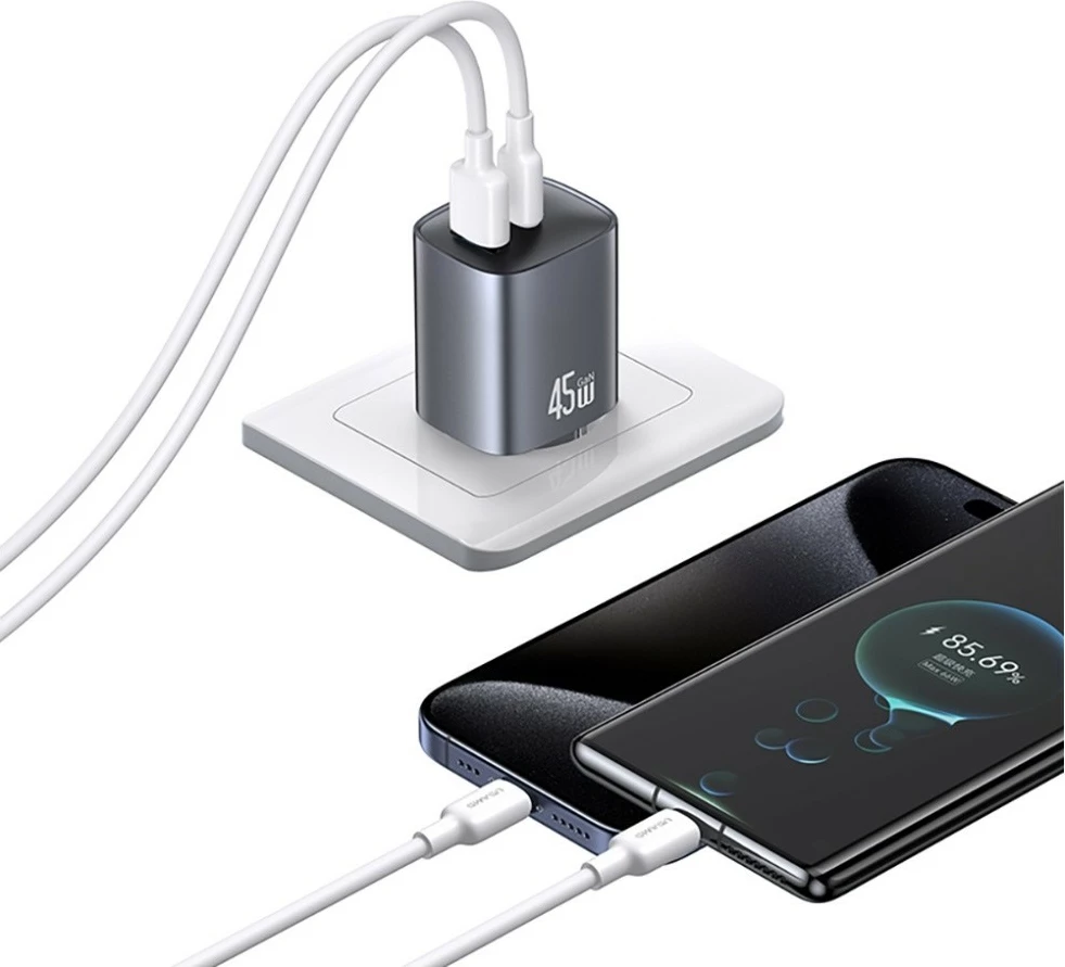 GaN stenski polnilec USAMS CC290 T66 (USA001665), 45 W, USB-C + USB-A, PD/QC, bel