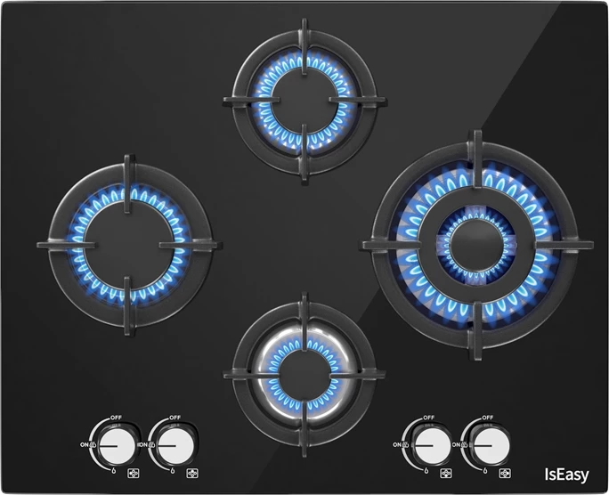 Plinska kuhalna plošča z 4 gorilniki in steklenim panelom IsEasy MGBG-654A, črna
