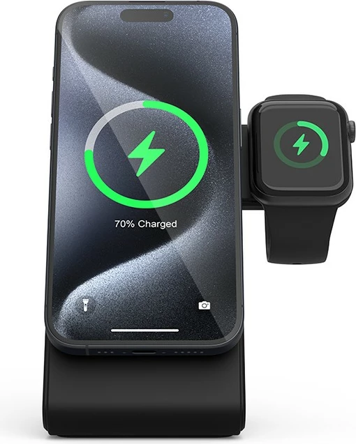 Brezžični polnilec 3-v-1 MagSpot z MagSafe, CRONG, za iPhone, Apple Watch in AirPods, 20 W, črn