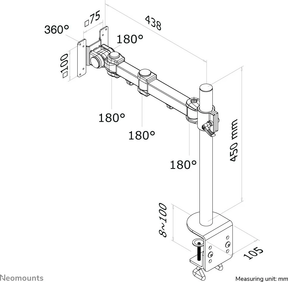 Kavelj za monitor Neomounts FPMA-D960, s sponko, 10–30 inč, 10 kg, črn