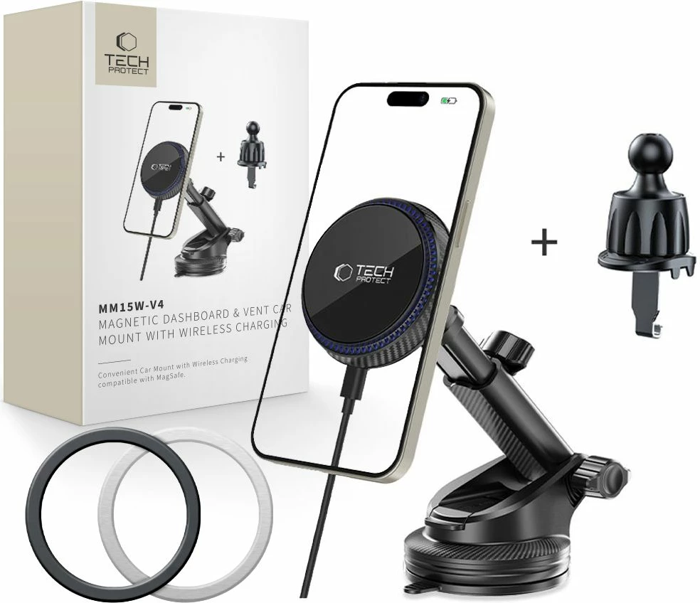 Magnetni avtomobilski nosilec MagSafe za kokpit, vetrobransko steklo ali zračni ventil, 15W, črn — Tech-Protect MM15W-V4