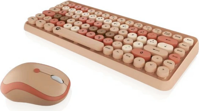 Kompakten brezžični komplet tipkovnice in miške KeySonic KSKM-5200M-RF, QWERTZ, 86 tipk, bež/rjava/roza