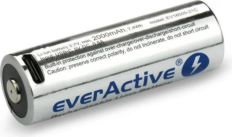 Polnilna baterija everActive 18500 Li-ion 3,7 V, 2100 mAh, USB-C, srebrna