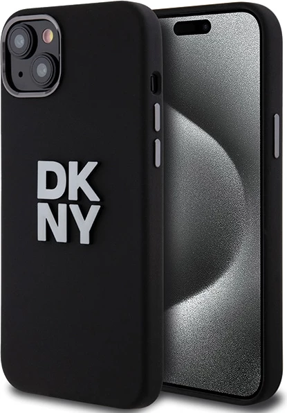 Ovitek za telefon iz tekočega silikona z metalnim logotipom za iPhone 15 Plus / 14 Plus, DKNY, črn