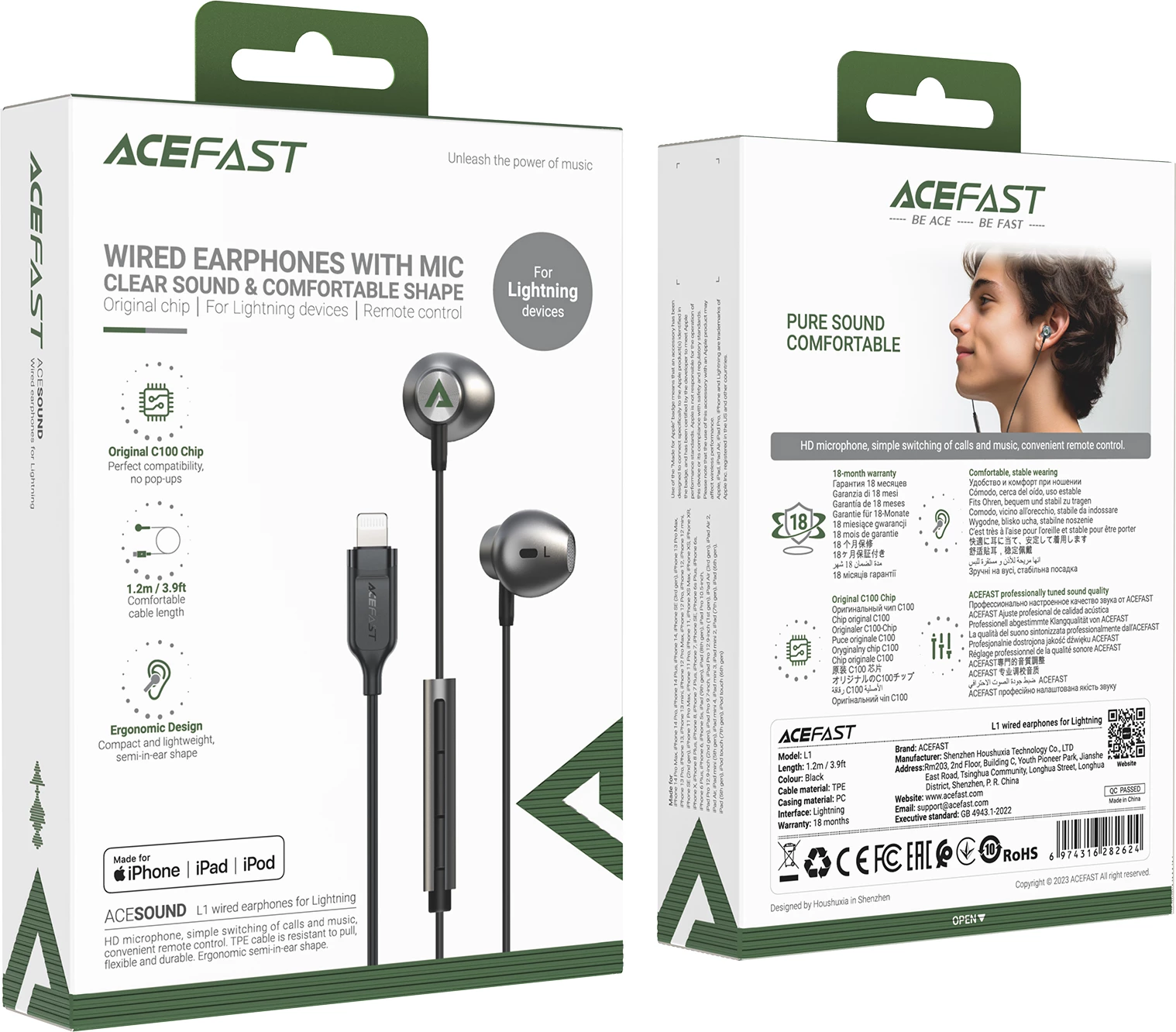 Slušalke in-ear Acefast L1 z Lightning, mikrofon in daljinskim upravljalnikom na kablu, 1,2 m, črne