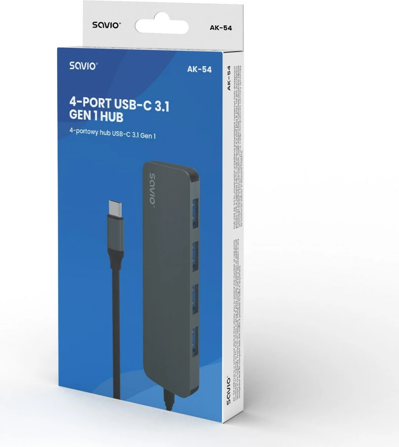 Razdelilec Savio USB-C - 4 x USB-A, AK-54, siv