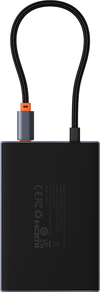 Računalniško ohišje 8-v-1 USB-C hub Baseus PioneerJoy, HDMI 4K@60Hz, DisplayPort 8K@30Hz, VGA, 2x USB-A 3.0, 2x USB-C, siv