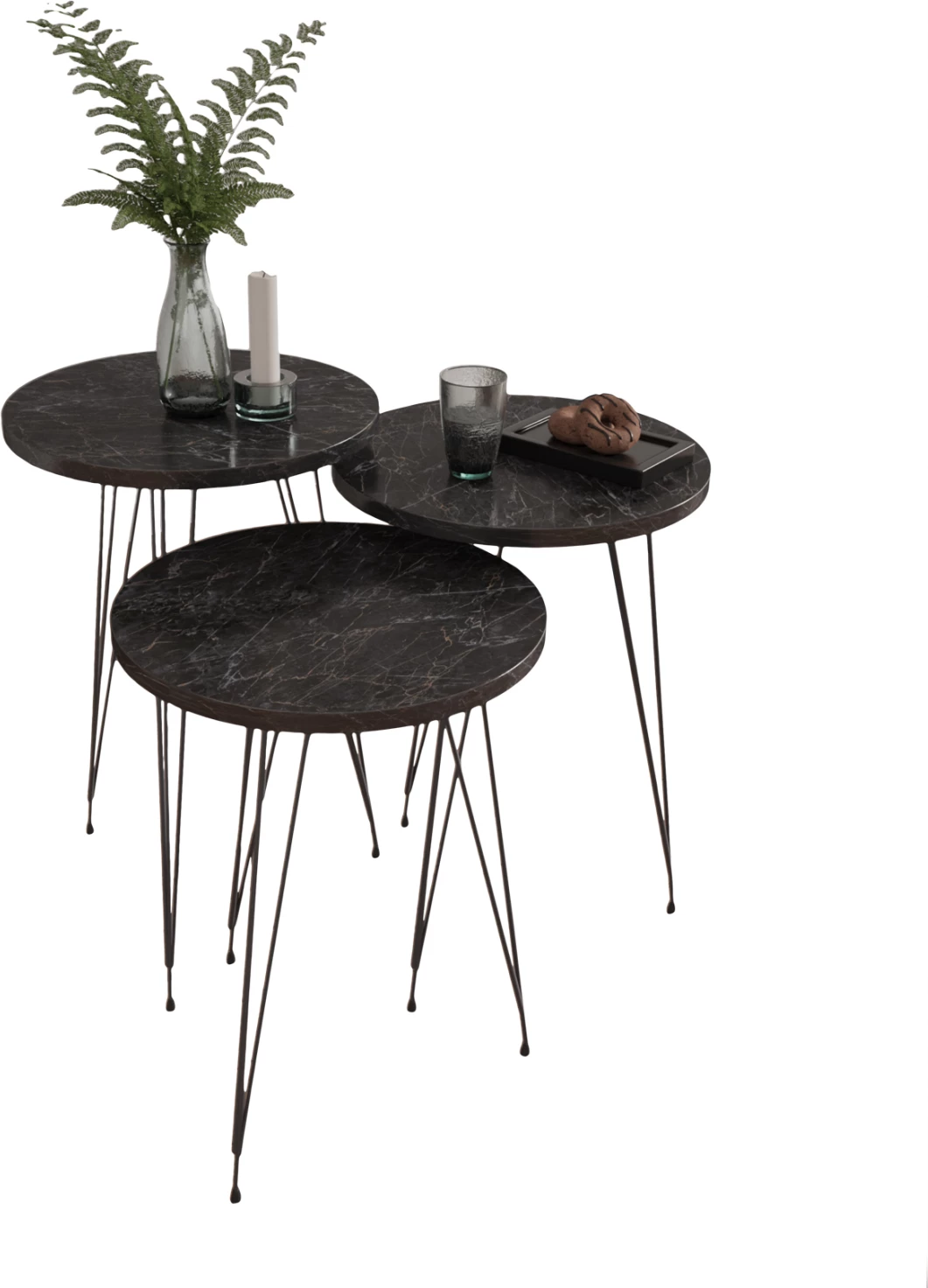 Set 3 okroglih stranskih miz NISSA FH18173.02 melamin v črnem marmorju-črne kovinske noge