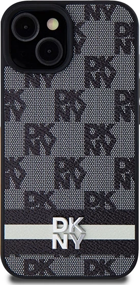Ovitek za telefon z usnjem, karo vzorcem in natisnjenimi črtami DKNY za iPhone 15/14/13, črn