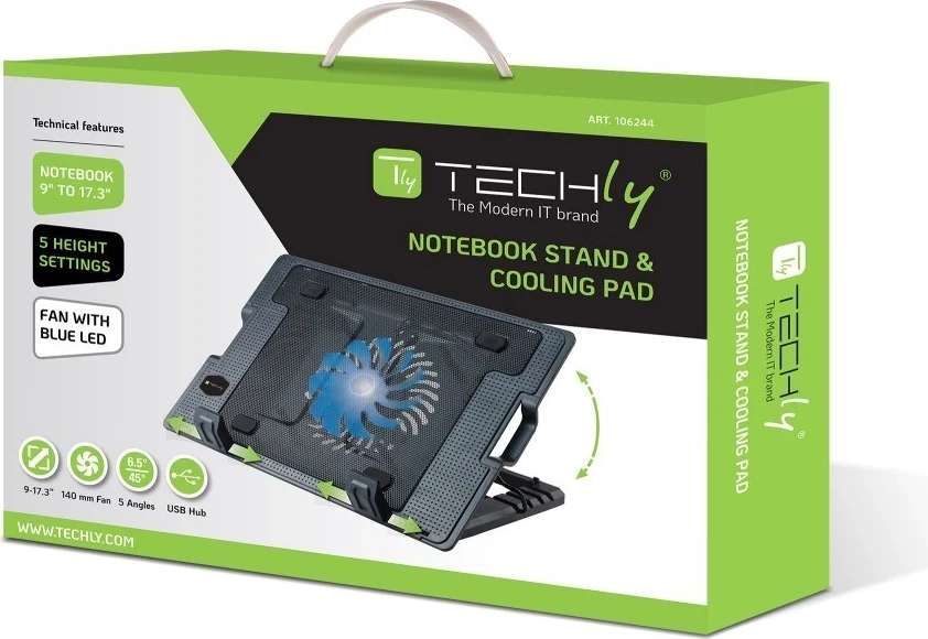 Podstavek in hladilnik za prenosnik, Techly, do 17,3", črn