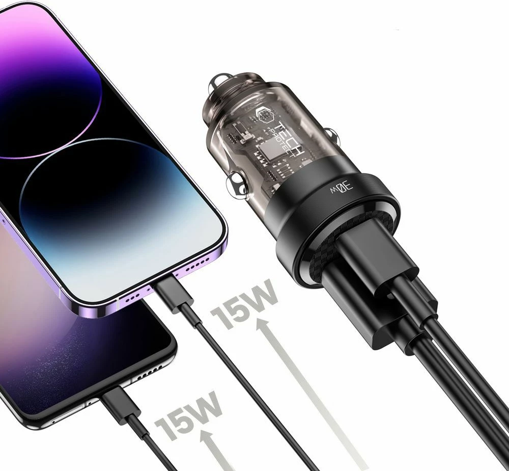 Avtomobilski polnilec 30W, 2 vhoda USB-C PD 30W / USB-A QC 3.0, Tech-Protect CC30W, črn