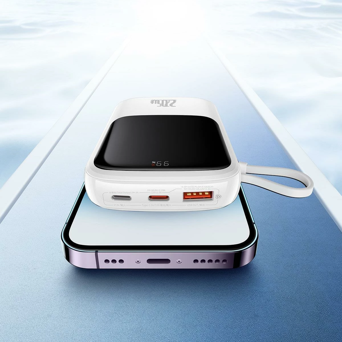 Powerbank z digitalnim zaslonom 10.000 mAh, 22,5 W, z vgrajenim USB-C kablom, Baseus Qpow, bel