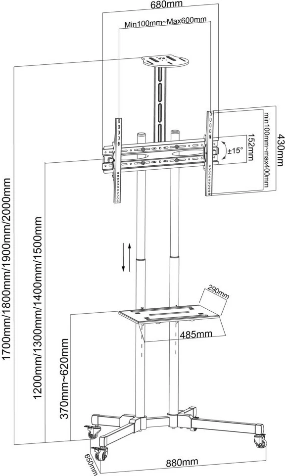 Premično stojalo za TV, 37–70 inč, 50 kg, 2 police Techly 364477, črno