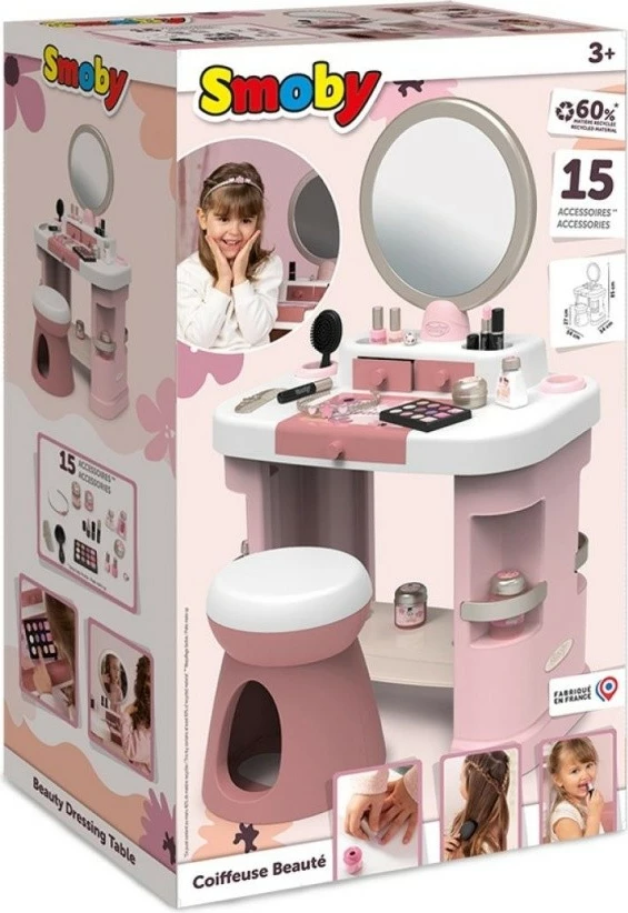 Igralna mizica za ličenje s 15 dodatki, rožnata/zlata/bela, Smoby My Beauty Dressing Table