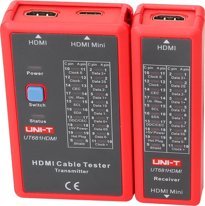 Tester kablov HDMI UNI-T UT681HDMI, LED 19 pinov, 3 načini testiranja (fast/scan/full), podpora Mini HDMI, baterija 9V, rdeče-siv, komplet oddajnik + sprejemnik