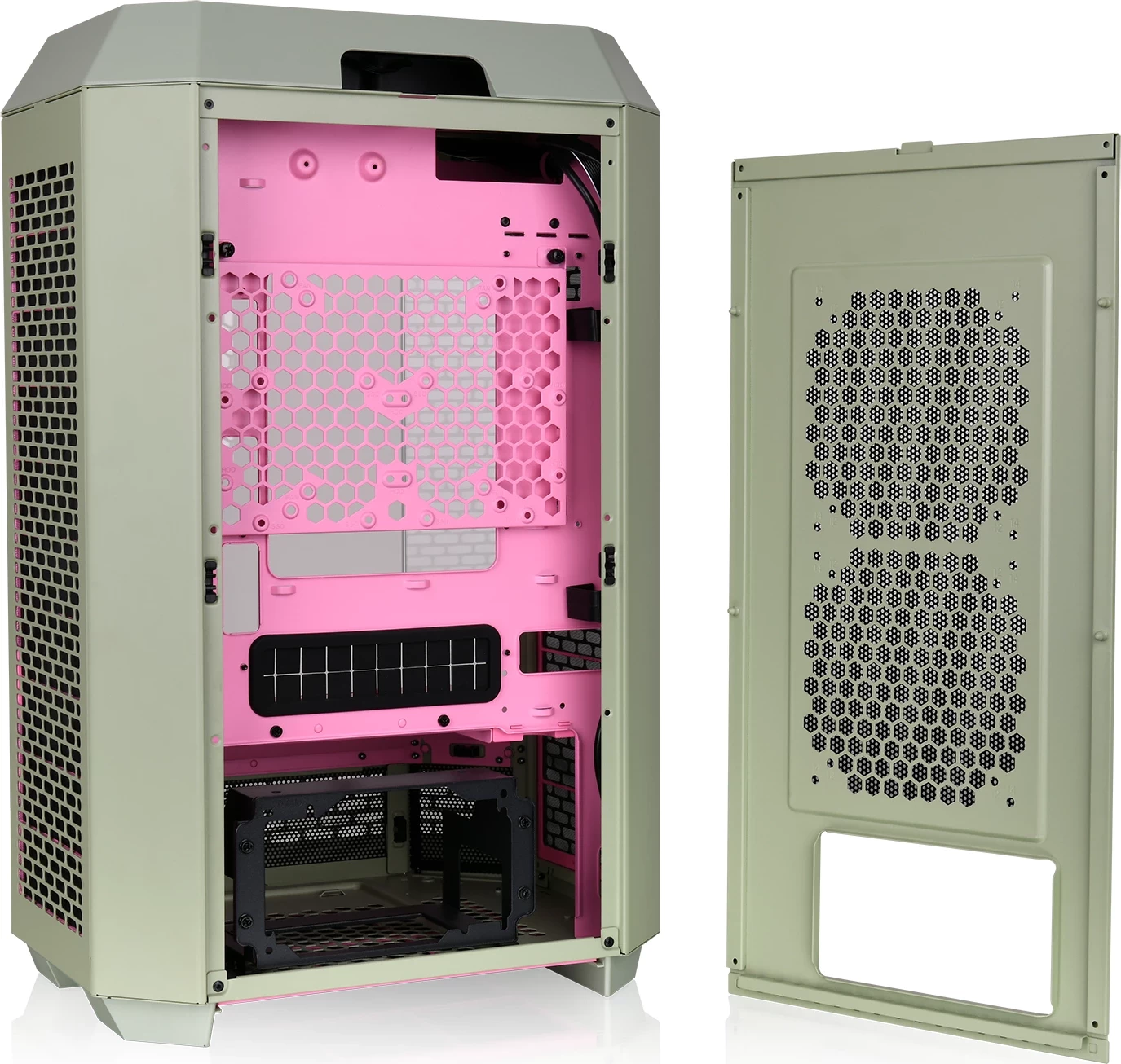 Micro Tower ohišje Thermaltake The Tower 300 TG Matcha Plum, SPCC, micro ATX/Mini-ITX, zelena/rožnata