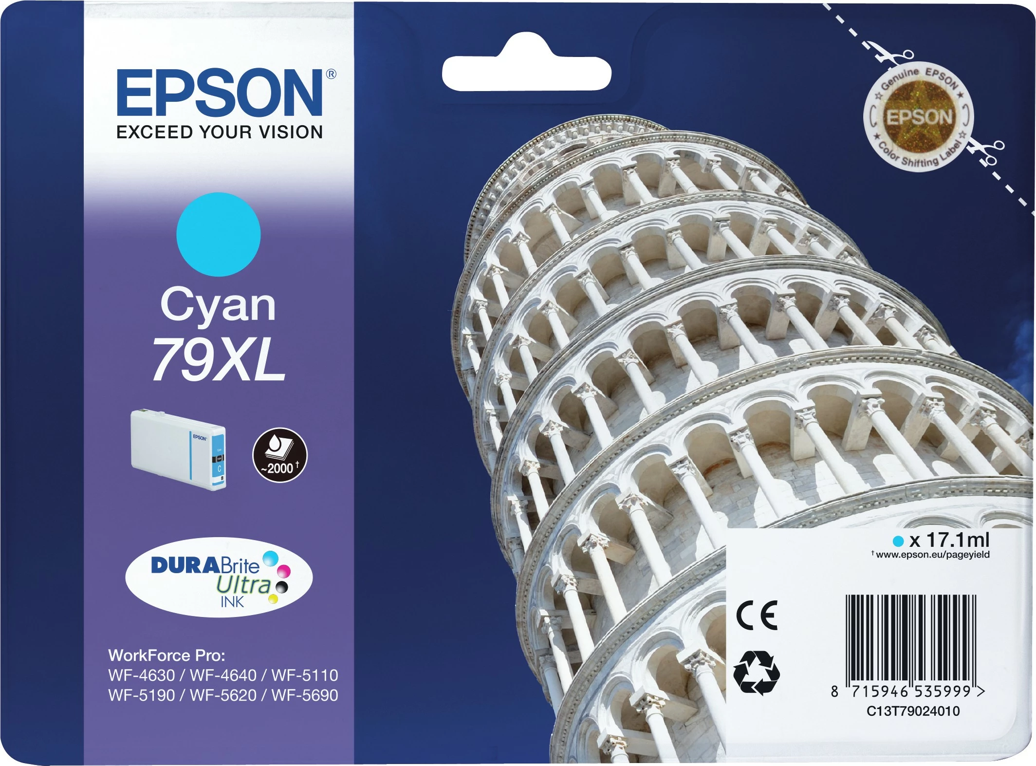 Kartuša črnila Cyan 79XL DURABrite Ultra, Epson Tower of Pisa, XL, Cyan