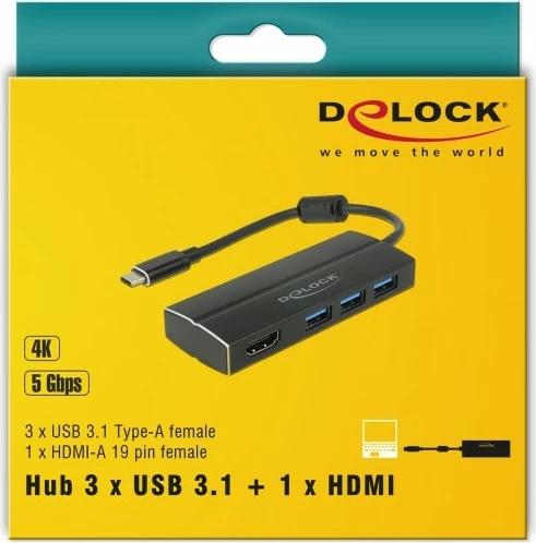 USB razširitveni adapter DeLOCK 63931, 3x USB 3.2, 1x HDMI, 0,15 m, alumin, črn