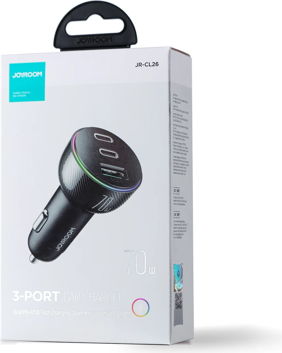 Hiter avto polnilec, Joyroom JR-CL26, 70W, 3 vhodne vtičnice (USB, 2x USB-C), črn