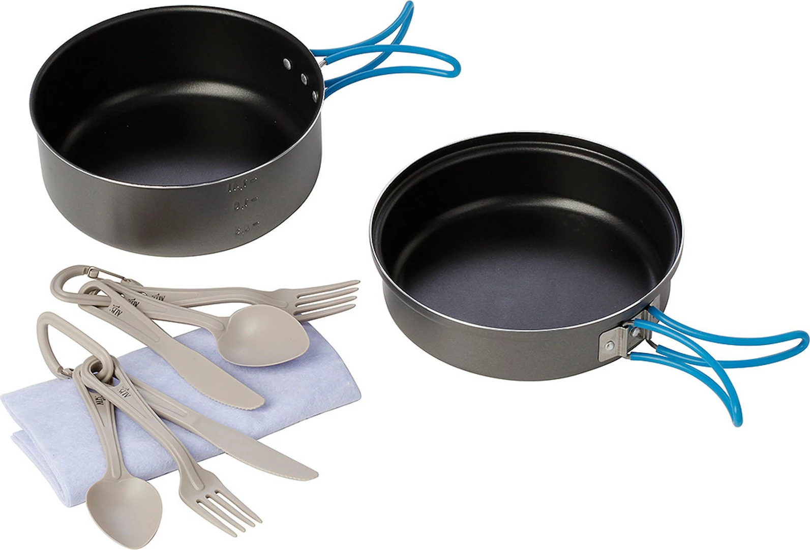 Komplet kamping posode za 2 osebi, aluminij, s silikonskimi ročaji, z jedilnim priborom Meva NA19001