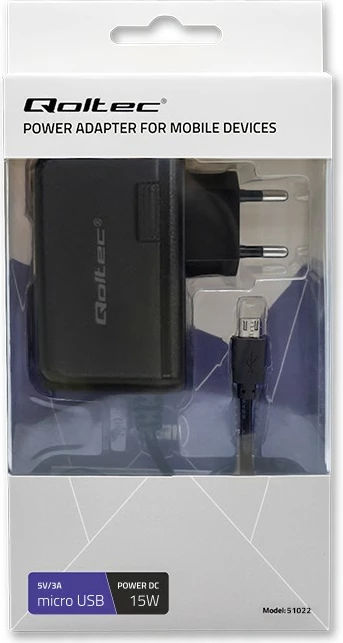Polnilec z micro USB, 15 W (5V, 3A), Qoltec, črn