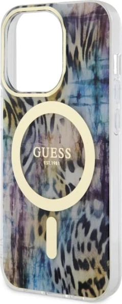 Zaščitni ovitek z leopardskim vzorcem MagSafe za iPhone 14 Pro 6,1", Guess, modra