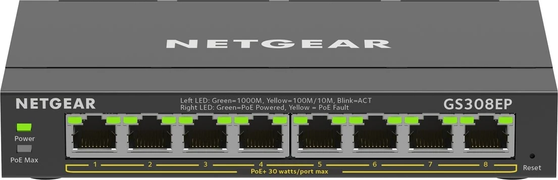 Upravljen L2/L3 switch NETGEAR GS308EP, 8-portni Gigabit Ethernet PoE+, črn