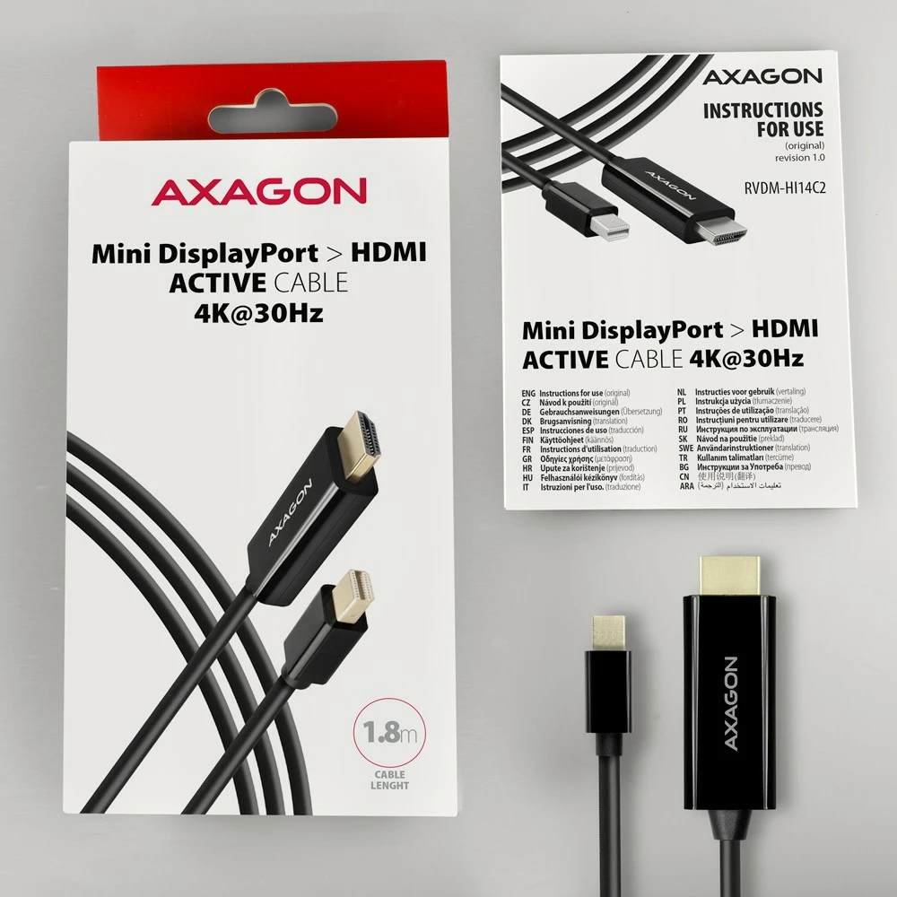 Aktivni adapter/kabel Mini DisplayPort na HDMI AXAGON RVDM-HI14C2, 1,8 m, črn