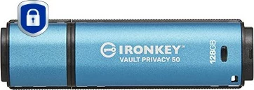 Varnostni USB Kingston IronKey Vault Privacy 50, 128GB, USB 3.2, črn/moder, AES-256 šifriranje