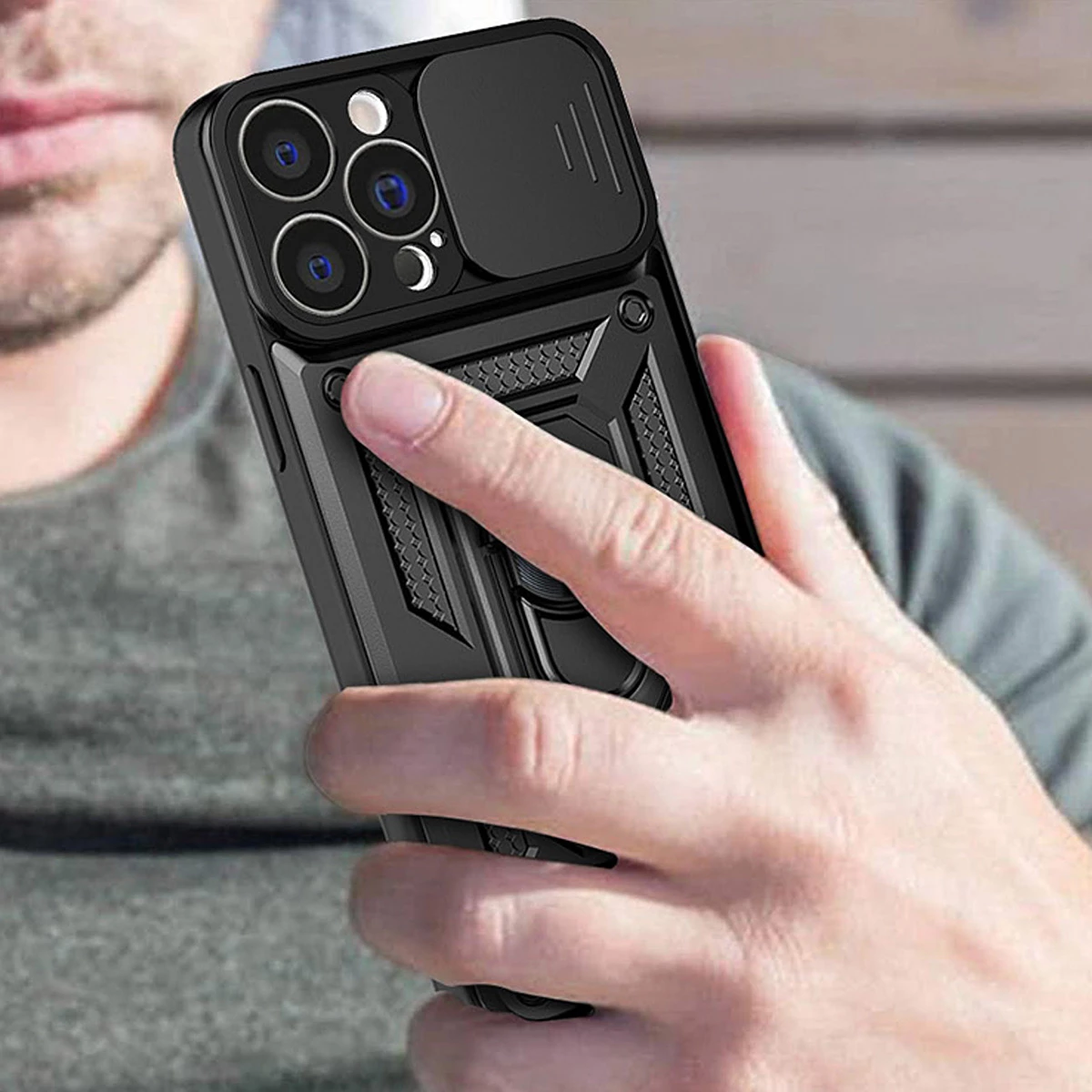 Zaščitni ovitek z drsnim pokrovom kamere in obročem Hurtel Hybrid Armor Camshield za Motorola Moto G62 5G, črn
