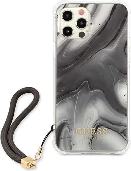 Ovitek Marble Collection za iPhone 12 Pro Max 6,7", Guess GUHCP12LKSMAGR, siva z vrvico