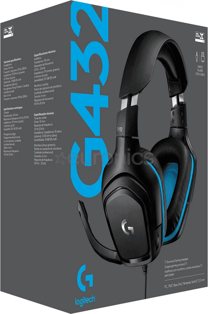 Slušalke za igre z mikrofonom, z žico, DTS 7.1 — Logitech G432 981-000770, črno/cijan